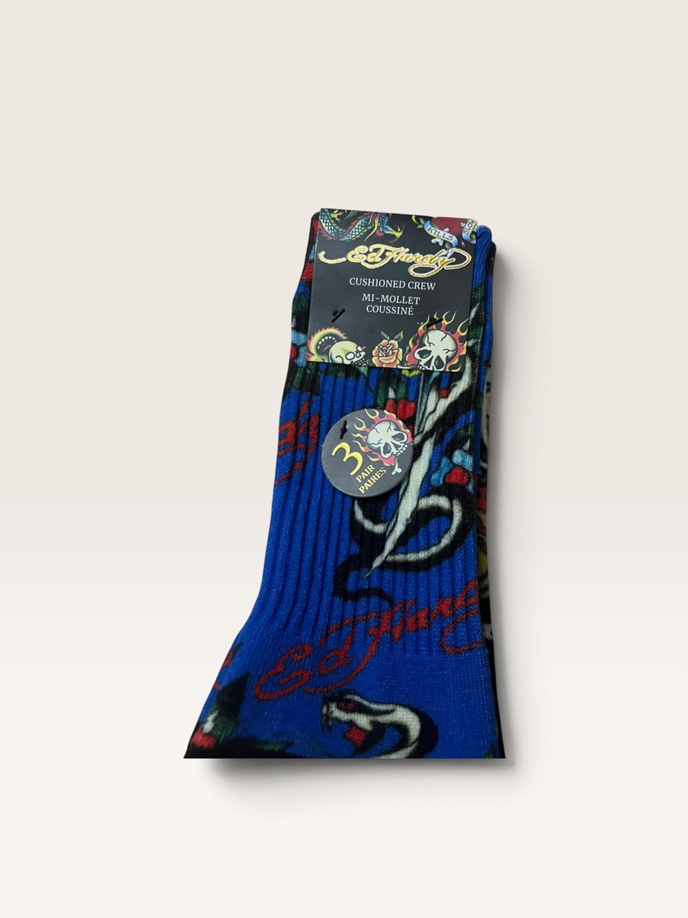 Ed Hardy Blue Tattoo-Print Cushioned Crew Socks